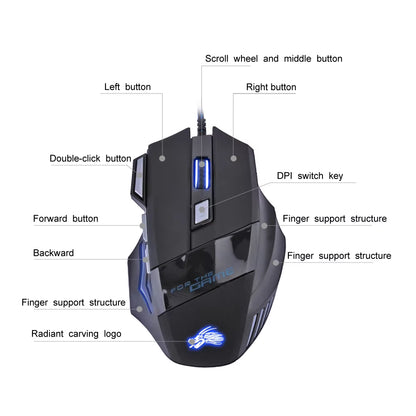 Wired Gaming Mouse 7 Button Backlit 5500 DPI Adjustable Black Wired Optical Computer Gaming Mice for PC Gamer Computer Desktop