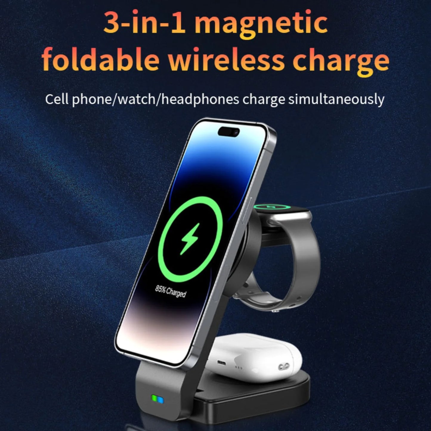 Magnetic Foldable 3 in 1 Wireless Charging Station for Apple Magsafe Charger ,15W Fast Wireless Charger Stand for Iphone 14 13 12 Series Apple Watch Airpods Multiple Devices, Adjustable Angle