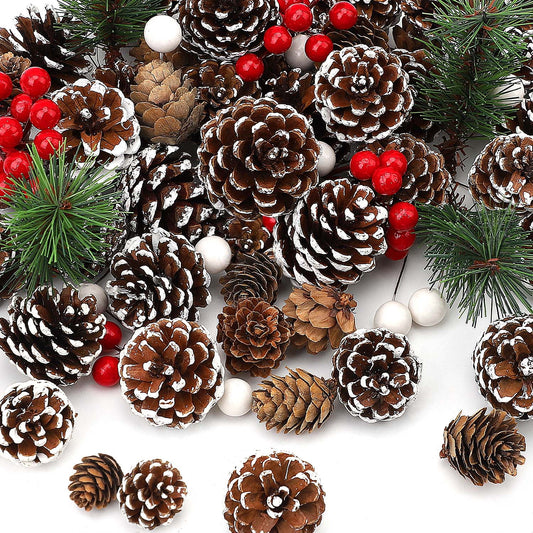 115Pcs Christmas Pine Cones Berry Pine Branch Set Snow Pinecones Pendant White Winter Holiday Ornament for DIY Crafts Home Decorations Xmas Tree Gift Tag Party Supplies, Assorted Sizes