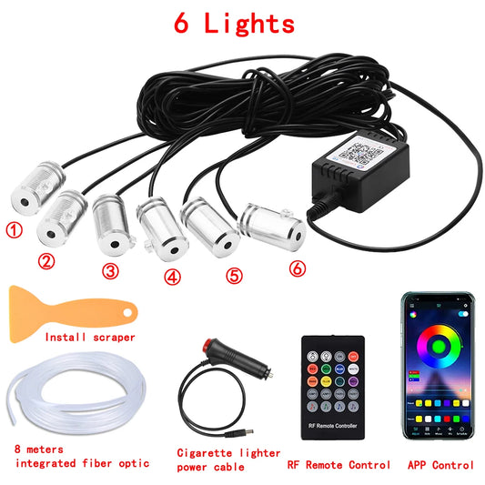 LED Car Interior Ambient Strip Lights RGB Fiber Optic Atmosphere Neon Lighting Kit W/ APP Remote Control Auto Decorative Lamps