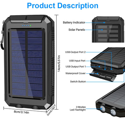 20000Mah Portable Power Bank Solar Charger for Cell Phone and Android, Solar Phone Chargers with Dual 5V USB Ports and 2 Led Flashlight