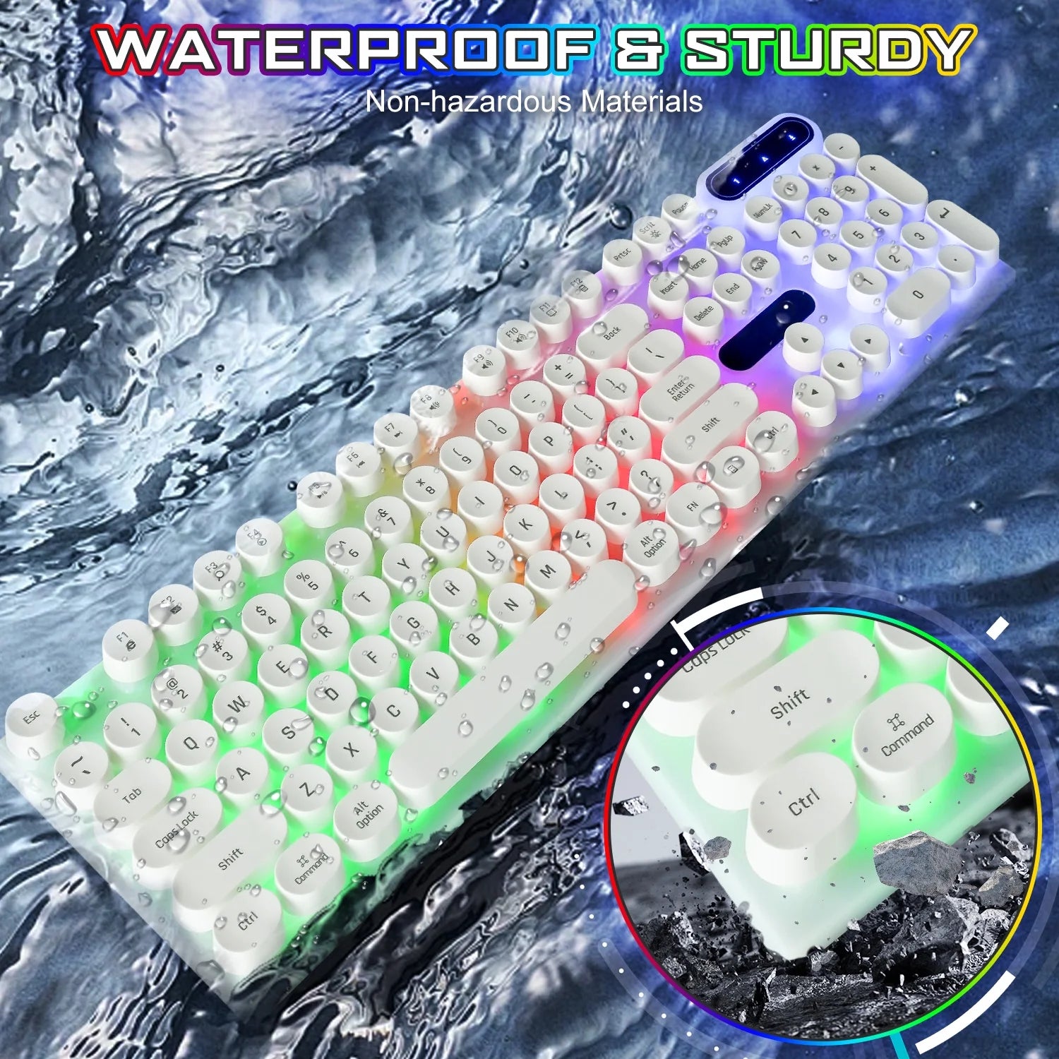 Gaming Keyboard and Mouse, Rainbow Backlit USB Wired Computer Mouse and Keyboard Combo, for Game, Office, White